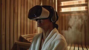 uma pessoa usando uma virtual realidade fone de ouvido para totalmente imergir si mesmos dentro uma virtual sauna sessão. foto