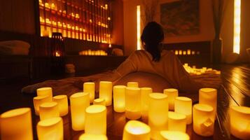 uma pessoa cercado de tremeluzente virtual velas criando a ambiente do relaxamento e calma durante seus virtual sauna sessão. foto