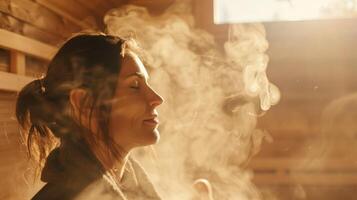 uma mulher realizando uma ioga pose dentro a sauna usando a calor e vapor para realçar a benefícios do dela alternativo remédio prática. foto