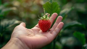 uma mão segurando uma pequeno vermelho fruta com uma ly exterior pronto para estar provou e avaliado foto