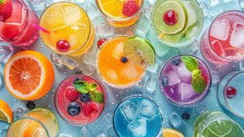 uma espalhar do colorida mocktails e sucos perfeito para brindar união foto