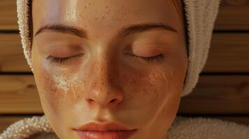 uma Series do animado clipes mostrando a efeitos do sauna usar em a pele com antes e depois de imagens exibindo melhorado pele reduzido acne e No geral aparência mais saudável pele. foto