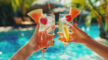 a solteira festa levantando seus mãos dentro uma torrada Como elas apreciar refrescante bebidas e delicioso frutas às uma à beira da piscina bar. foto