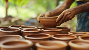 uma colaboração entre local artesãos e agricultores usando sobras argila a partir de agricultura para crio único cerâmica peças. foto