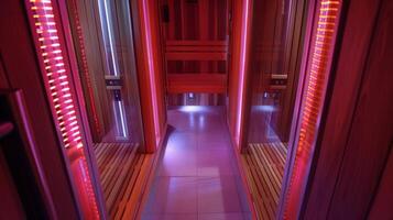 uma tiro do a infravermelho sauna aquecedores emitindo a teutico infravermelho distante ondas este tratar a pele para Deeper cura. foto