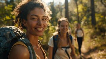 uma grupo do amigos caminhar através uma cênico floresta durante uma bem estar retiro personalizado para seus ginástica nível e metas incorporando diariamente fisica Atividades para dentro seus viagem foto