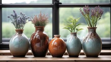 uma conjunto do feito à mão cerâmico vasos cada 1 unicamente em forma e envidraçado adicionando calor e personagem para uma minimalista vivo espaço foto