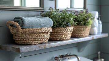 utilizar cada polegada do parede espaço com esses único suspensão cesta prateleiras perfeito para armazenando roupa de cama toalhas e de outros necessidades dentro uma pequeno banheiro foto