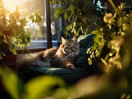 ai gerado fofo gato mentiras em a Relva em uma borrado fundo generativo ai foto