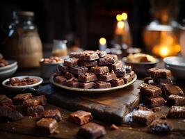 ai gerado sortido chocolate doces em uma borrado fundo generativo ai foto