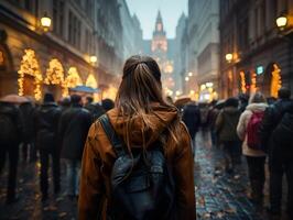 ai gerado uma menina com uma mochila anda em ao longo a rua do uma lotado cidade Visão a partir de a costas foto