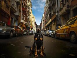 ai gerado doberman carrinhos em a rua e parece às a Câmera, generativo ai foto