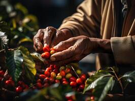 ai gerado mão colheita café fechar-se generativo ai foto