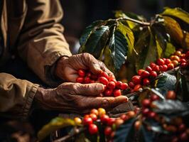 ai gerado mão colheita café fechar-se generativo ai foto