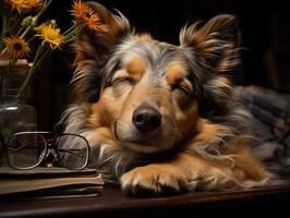 ai gerado dormindo cachorro com livro e óculos em borrado fundo generativo ai foto