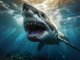 ai gerado Tubarão com aberto boca nada embaixo da agua generativo ai foto