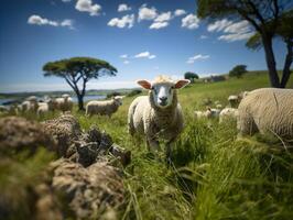 ai gerado ovelha em a fundo do pasto e de outros ovelha generativo ai foto