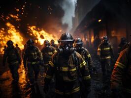 ai gerado bombeiros em a fundo do fogo generativo ai foto