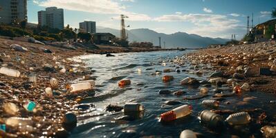 ai gerado de Meio Ambiente poluição água poluição plástico garrafas pacotes generativo ai foto