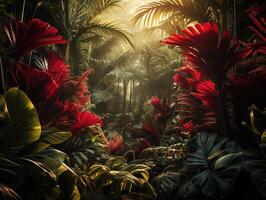 ai gerado lindo vermelho selva do exuberante Palma folhas generativo ai foto