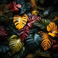 ai gerado lindo vermelho verde amarelo selva do exuberante Palma folhas generativo ai foto