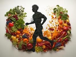 ai gerado silhueta do uma homem corrida em a fundo do legumes e frutas saudável comendo generativo ai foto
