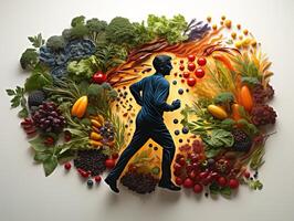 ai gerado silhueta do uma homem corrida em a fundo do legumes e frutas saudável comendo generativo ai foto