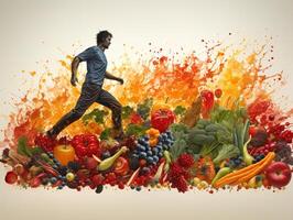 ai gerado silhueta do uma homem corrida em a fundo do legumes e frutas saudável comendo generativo ai foto