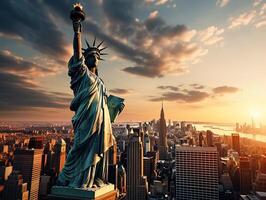 ai gerado estátua do liberdade contra a pano de fundo do a pôr do sol cidade generativo ai foto