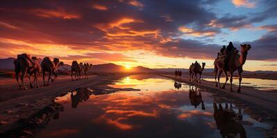 ai gerado camelo caravana às pôr do sol generativo ai foto