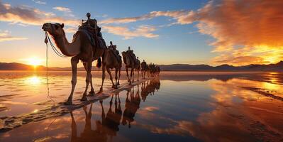 ai gerado camelo caravana às pôr do sol generativo ai foto