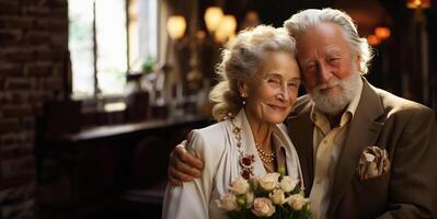 ai gerado idosos feliz casal abraçando generativo ai foto