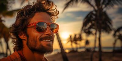 ai gerado homem dentro oculos de sol em a fundo do a azul de praia generativo ai foto