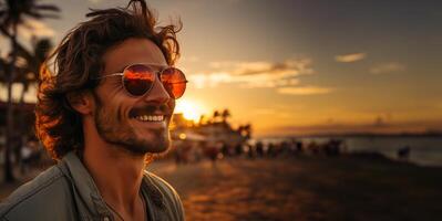 ai gerado homem dentro oculos de sol em a fundo do a azul de praia generativo ai foto