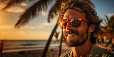 ai gerado homem dentro oculos de sol em a fundo do a azul de praia generativo ai foto