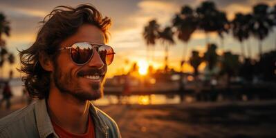 ai gerado homem dentro oculos de sol em a fundo do a azul de praia generativo ai foto