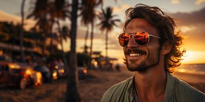 ai gerado homem dentro oculos de sol em a fundo do a azul de praia generativo ai foto