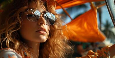 ai gerado lindo mulher dentro oculos de sol em a fundo do a azul de praia generativo ai foto