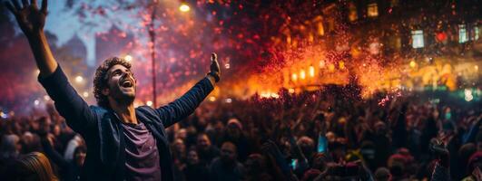 ai gerado homem tendo Diversão às uma show generativo ai foto