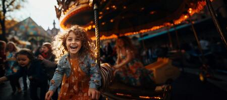 ai gerado feliz criança em a carrossel, em a atração generativo ai foto