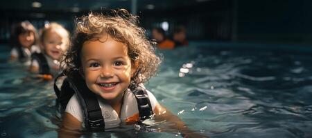 ai gerado feliz crianças natação dentro a piscina generativo ai foto