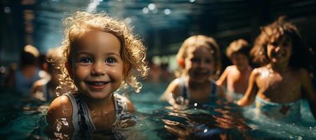 ai gerado feliz crianças natação dentro a piscina generativo ai foto