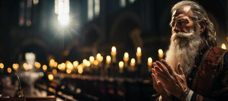 ai gerado pastor Rezar dentro Igreja generativo ai foto