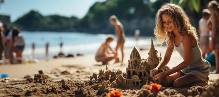 ai gerado criança constrói uma areia castelo em a de praia generativo ai foto