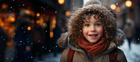 ai gerado inverno retrato do uma criança menina em uma borrado fundo generativo ai foto