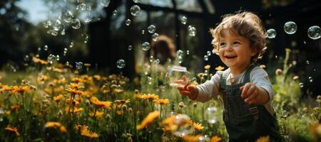 ai gerado alegre criança dentro natureza com Sabonete bolhas generativo ai foto