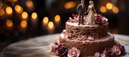 ai gerado Casamento bolo com figuras do a noiva e noivo em uma borrado fundo generativo ai foto