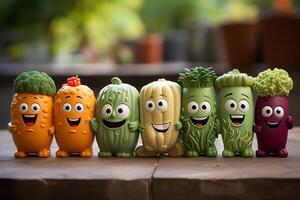 ai gerado feliz saudável legumes frutos dentro uma linha.cartoon vegetal generativo ai foto