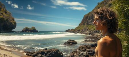 ai gerado retrato do uma homem em a oceano costa, generativo ai foto