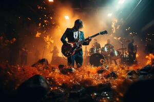 ai gerado homem em etapa jogando guitarra generativo ai foto